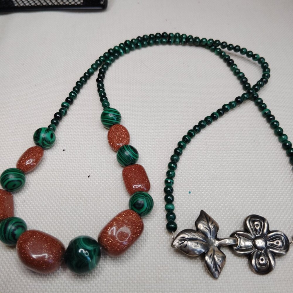 Malachite and Goldstone Beaded Necklace with Sterling Silver Floral Clasp